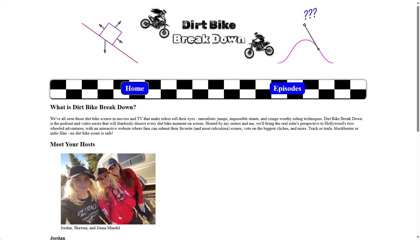 site main page with white background, checkered navbar, blue buttons, left-aligned content