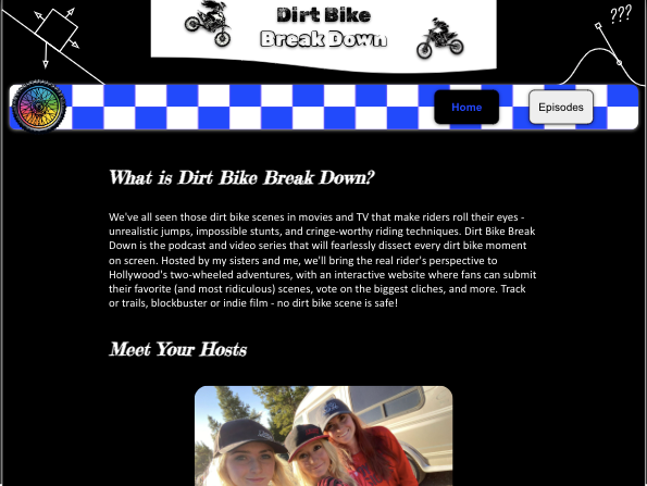 site main page with black background, checkered navbar, color wheel, black and white buttons