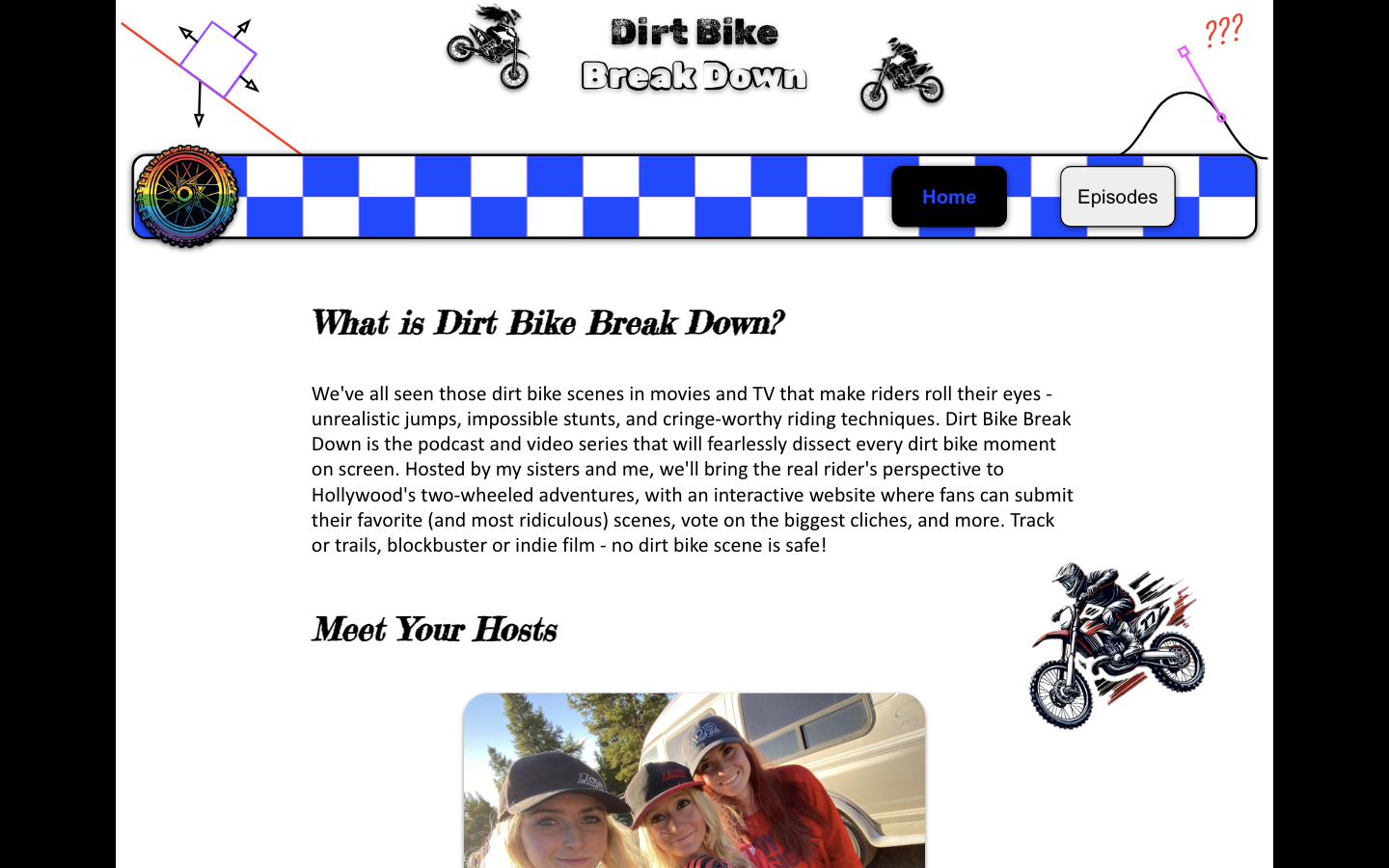site main page with black background, checkered navbar, color wheel, black and white buttons